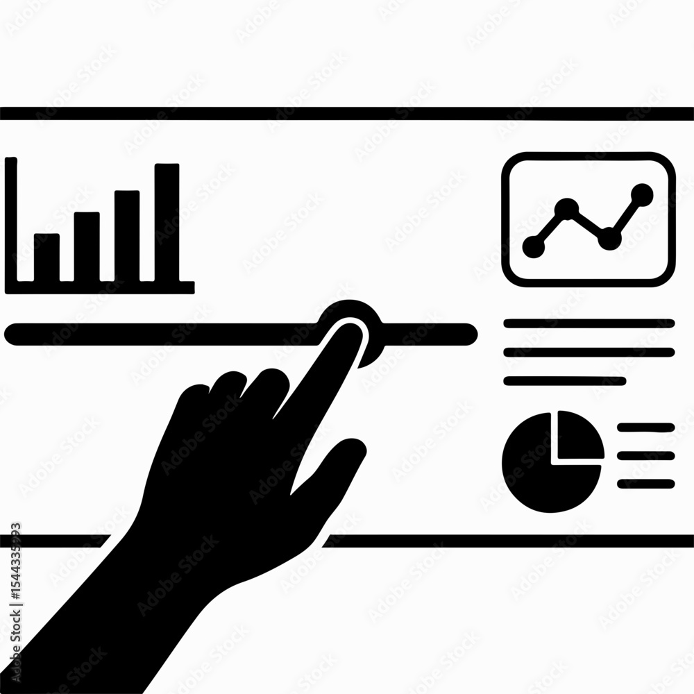Poster data analysis dashboard control interface with hand adjusting the slider featuring bar graph line ch