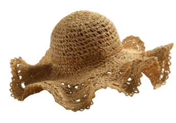 Elegant crochet straw sun hat summer fashion accessory, On Transparent Background, Png Image