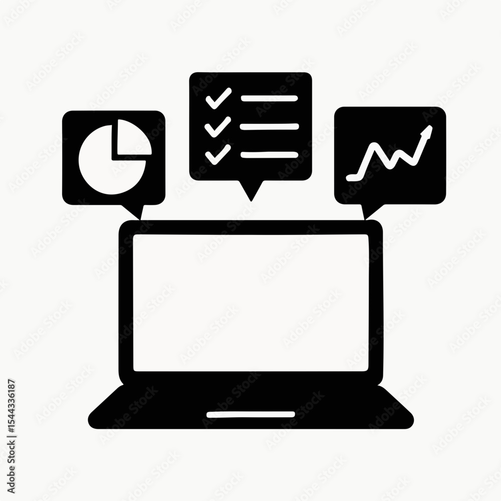 Poster laptop with data analysis and task management icons representing business intelligence productivity 