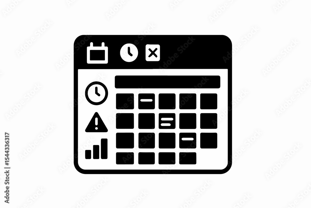 Poster black and white calendar icon with clock warning and bar graph symbols representing scheduling deadl
