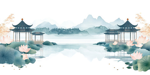 Chinese traditional landscape ink painting of ancient buildings with lotus in bloom in summer