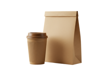 Coffee cup and takeout bag on a dark background representing takeaway service and beverage