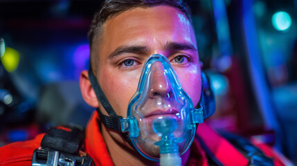 Close Up Of Paramedic With Oxygen Mask In Ambulance