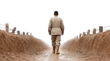 Solitary soldier walks along a dusty trench path surrounded by barbed wire in a foggy, desolate landscape evoking themes of isolation and resilience