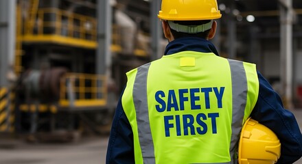 Worker with safety vest and hard hat emphasizing safety first at a manufacturing plant