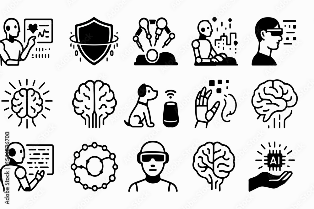 Poster collection of artificial intelligence icons representing concepts like robotics machine learning cyb