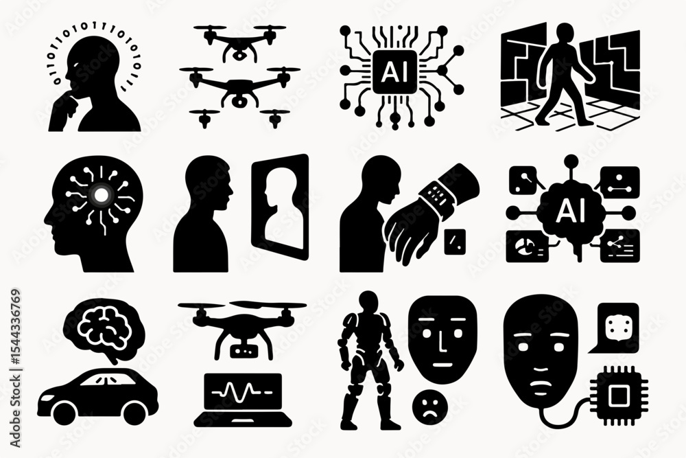 Poster a collection of black and white artificial intelligence icons representing concepts like drones brai