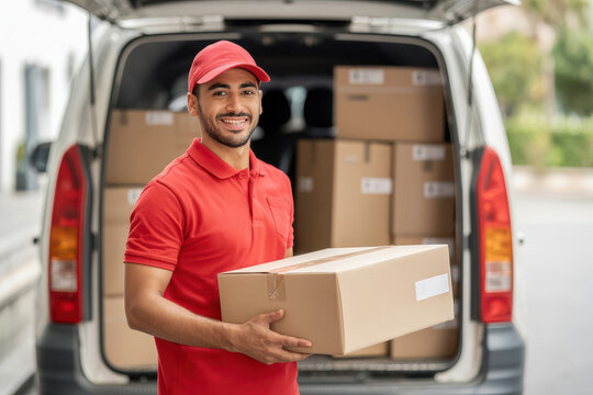 smiling delivery man delivering parcel from delivery van
