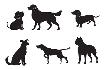 Dog Silhouettes icon set, Dog breeds, veterinary, dog walking, pet sitting logo inspiration. Dog show, competition, pet store, guide dog. Variety Silhouettes Dog Design. EPS 10