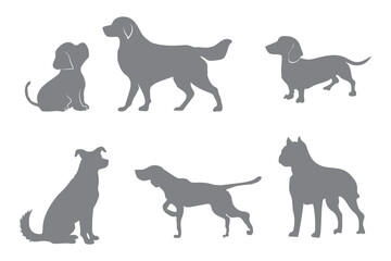 Dog Silhouettes icon set, Dog breeds, veterinary, dog walking, pet sitting logo inspiration. Dog show, competition, pet store, guide dog. Variety Silhouettes Dog Design. EPS 10