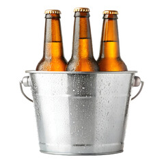 Three chilled bottles of beer nestled in a silver bucket isolated on transparent background