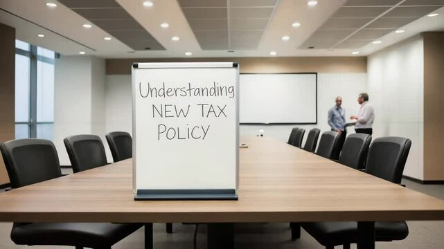 A whiteboard with "Understanding NEW TAX POLICY" written on it in a modern office, with two blurred people conversing in the background.