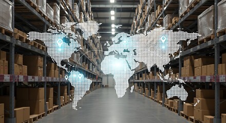 Global logistics and distribution concept with warehouse and world map displaying international shipping