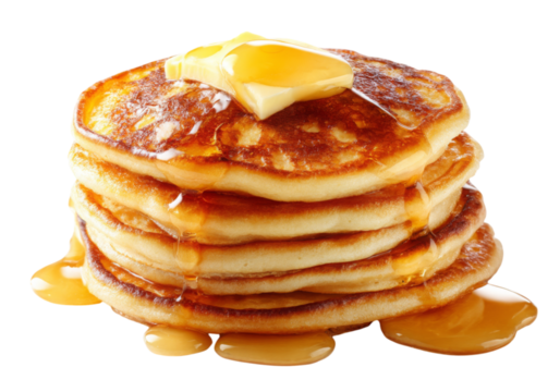 Delicious buttery syrup stack of pancakes breakfast food, On Transparent Background, Png Image