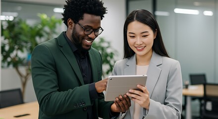Business colleagues working together on tablet in modern office environment analyzing data