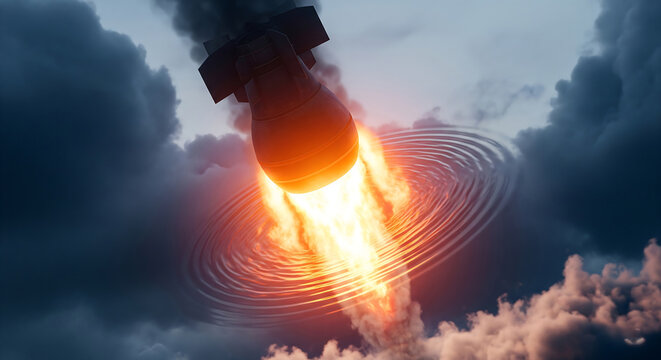 Rocket capsule falling from space with fire trail