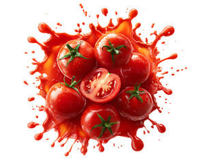 Fresh red tomatoes in juice splash isolated on transparent background