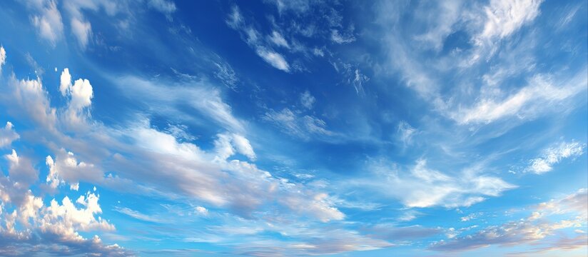 Panoramic clear blue sky with white clouds on bright sunny morning