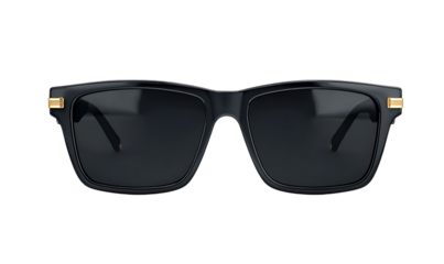 Black square sunglasses with gold accents isolated on transparent background