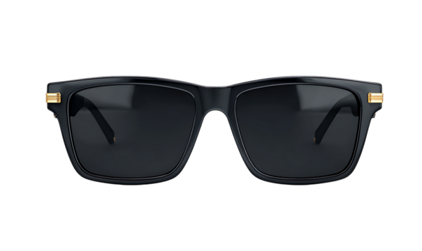 Black square sunglasses with gold accents isolated on transparent background