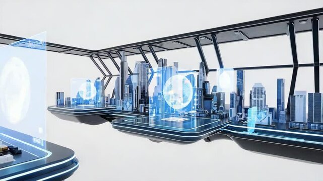 Futuristic cityscape with holographic interface.