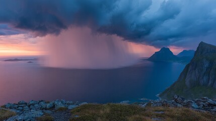 Fototapeta premium Moody rain cloud over scenic senja mountain landscape in northern norway