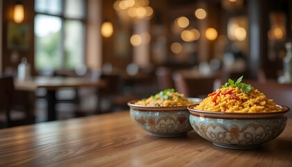 Ai generated image of two bowls of delicious indian biryani on a wooden table