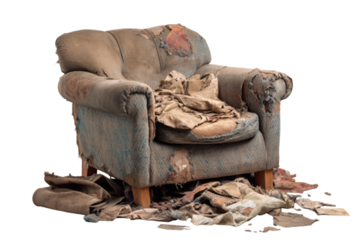 A dilapidated armchair surrounded by tattered fabric remnants, On Transparent Background, Png Image
