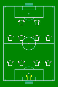 Football Game Combination 4-4-2 With Green Background . Team Play And Strategy