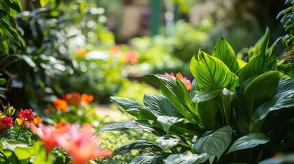 Fototapeta premium A vibrant garden scene featuring lush green plants and colorful flowers in a natural outdoor setting