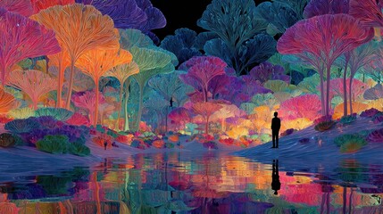 A serene reflection of colorful trees by a tranquil lake nature scene vibrant environment artistic viewpoint