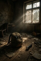 Backpack and flashlight in abandoned room with broken window, papers on floor, and sunlight streaming through dust.

