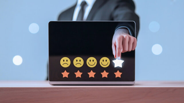 A customer feedback rating interface on a laptop screen with five yellow smiley face emojis arranged horizontally.