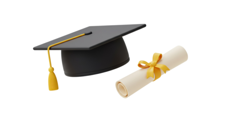 Graduation cap and diploma scroll in cartoon 3D style representing academic achievement and success isolated on a transparent background, png, cutout.