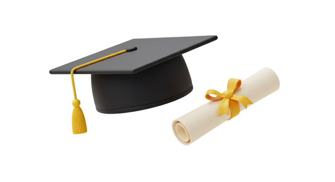 Graduation cap and diploma scroll in cartoon 3D style representing academic achievement and success isolated on a transparent background, png, cutout.