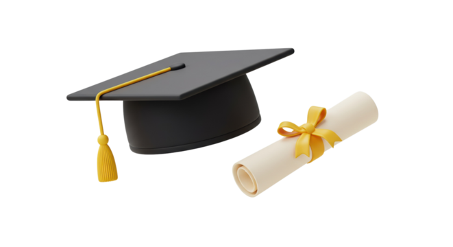 Graduation cap and diploma scroll in cartoon 3D style representing academic achievement and success isolated on a transparent background, png, cutout.