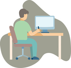 boy Working on Computer at Desk Vector Illustration
