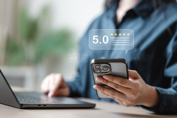 Satisfaction customer survey. Feedback review positive. Evaluation employee performance. Client service experience. Customer service concept.