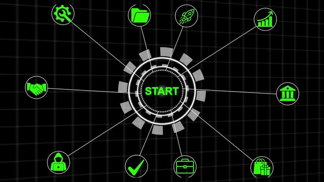 Business start up or innovation concept, with icons animation, business presses button start on virtual electronic  interface