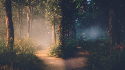 Naklejka premium Serene forest scene with contrasting atmospheres divided by a dirt path, warm golden sunlight filtering through trees on one side, cool blue light creating a mysterious ambiance on the other.