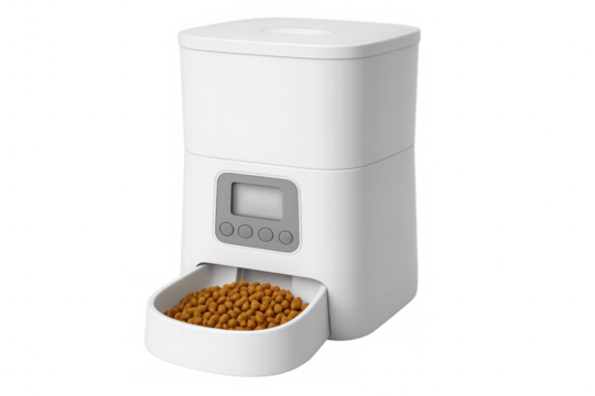 Automatic pet feeder dispensing food, transparent background