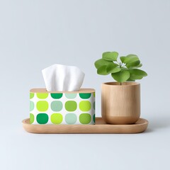 Tissue Box Mockup with Wooden Tray and Small Plant