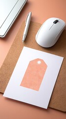 Top View Minimal Workspace with Peach Tag and Accessories