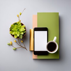 Top View Minimalist Workspace Setup with Succulent Plant Smartphone and Coffee