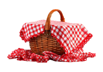 Red gingham picnic basket isolated on black background, On Transparent Background, Png Image