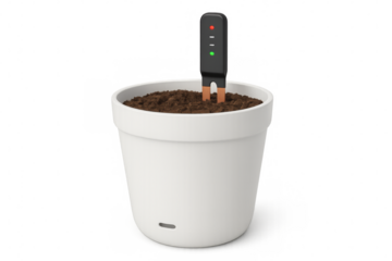 Smart sensor device measuring soil humidity and temperature in white pot with transparent background