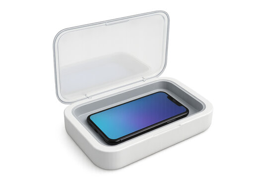 Smartphone sanitizing with uv light in a sterilizer box on transparent background