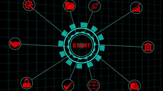 Business start up or innovation concept, with icons animation, business presses button start on virtual electronic  interface