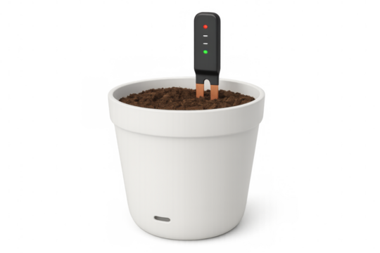 Smart sensor device measuring soil humidity and temperature in white pot with transparent background