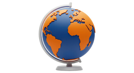 3D globe of Earth showing continents in blue and orange representing geography, travel, and world education isolated on a transparent background, png, cutout.